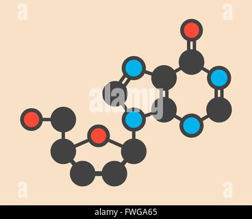 Didanosine (2',3'-dideoxyinosine ddI) HIV drug molecule Stylized skeletal formula (chemical structure) Atoms are shown as Stock Photo