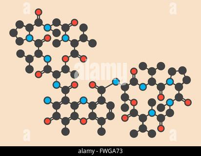 Dactinomycin (actinomycin D) cancer chemotherapy drug molecule Stylized skeletal formula (chemical structure) Atoms are shown Stock Photo