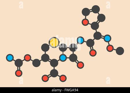 Cefuroxime second generation cephalosporin antibiotic molecule Stylized skeletal formula (chemical structure) Atoms are shown Stock Photo