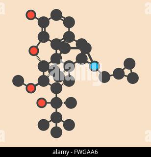 Buprenorphine opioid addiction and pain killer drug molecule Stylized skeletal formula (chemical structure) Atoms are shown as Stock Photo