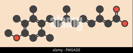 Acitretin psoriasis drug molecule Stylized skeletal formula (chemical structure) Atoms are shown as color-coded circles: Stock Photo
