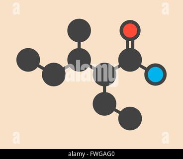 Valnoctamide sedative drug molecule Stylized skeletal formula (chemical structure) Atoms are shown as color-coded circles: Stock Photo