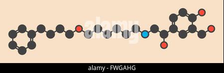 Salmeterol asthma drug molecule Stylized skeletal formula (chemical structure) Atoms are shown as color-coded circles: hydrogen Stock Photo