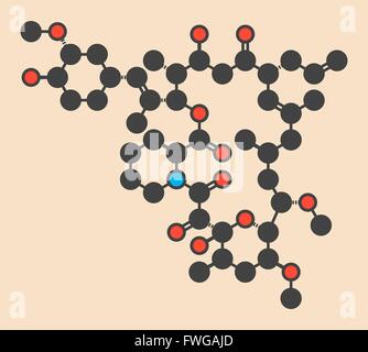 Tacrolimus (fujimycin FK-506) immunosuppressant drug molecule Stylized skeletal formula (chemical structure) Atoms are shown as Stock Photo