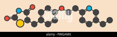 Pioglitazone diabetes drug molecule Stylized skeletal formula (chemical structure) Atoms are shown as color-coded circles: Stock Photo