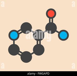 Nicotinamide drug and vitamin molecule Stylized skeletal formula (chemical structure) Atoms are shown as color-coded circles: Stock Photo
