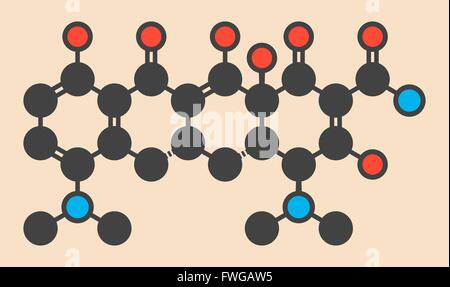 Minocycline antibiotic drug (tetracycline class) molecule Stylized skeletal formula (chemical structure) Atoms are shown as Stock Photo