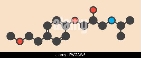 Metoprolol high blood pressure drug molecule (beta blocker) Stylized skeletal formula (chemical structure) Atoms are shown as Stock Photo