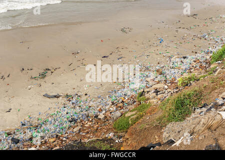 Very high pollution with beach full of plastic bottles Stock Photo