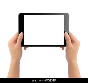 hand holding black tablet isolated on white clipping path inside easy adjusment Stock Photo