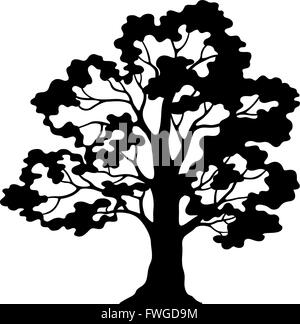 Oak Tree Pictogram, Black Silhouette and Contours Stock Vector
