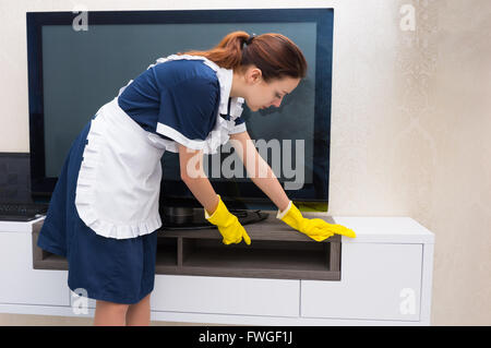 Housekeeper, maid or char in a neat uniform and white apron dusting a television and cabinet in a home or hotel suite Stock Photo