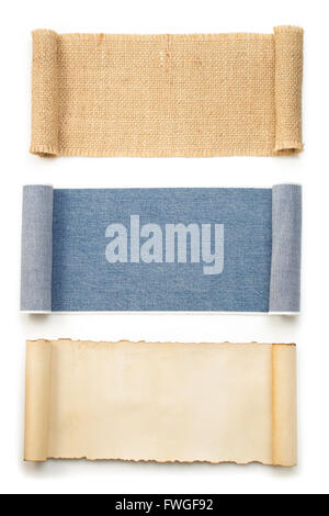 blue jeans and burlap sack roll isolated on white background Stock Photo