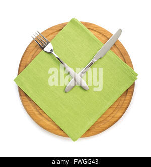 fork with knife at napkin cloth on white background Stock Photo