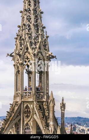 QUITO, ECUADOR, OCTOBER - 2015 - Low angle detail view of neo gothic style San Juan Basilica at historic center of Quito, Ecuado Stock Photo