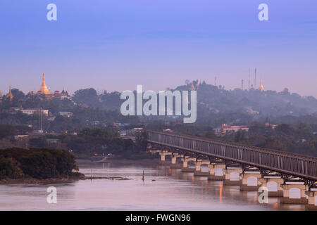 Views over the Thanlwin (Salween) river and Mawlamyine bridge and town, Mawlamyine, Mon, Myanmar (Burma), Southeast Asia Stock Photo