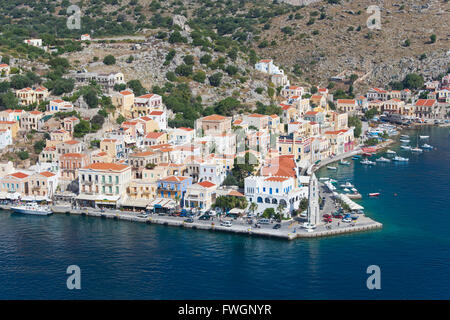 View over the picturesque waterfront, Gialos (Yialos), Symi (Simi), Rhodes, Dodecanese Islands, South Aegean, Greece, Europe Stock Photo