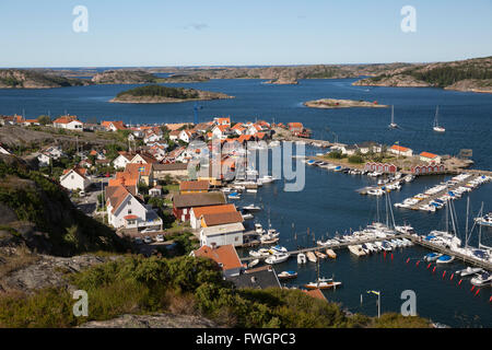 View over harbour and town from Vetteberget cliff, Fjallbacka, Bohuslan Coast, Southwest Sweden, Sweden, Scandinavia, Europe Stock Photo