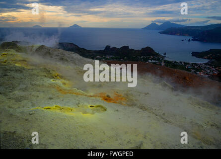 Sulphur and fumaroles smoke on volcano Gran Cratere, Vulcano Island, Aeolian Islands, UNESCO, north of Sicily, Italy Stock Photo