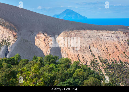 View of Gran Cratere and Finicudi Island, Vulcano Island, Aeolian Islands, UNESCO, north of Sicily, Italy, Mediterranean Stock Photo