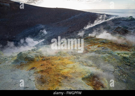 Sulphur and fumarole smoke on volcano Gran crater, Vulcano Island, Aeolian Islands, UNESCO, north of Sicily, Italy Stock Photo