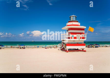 Art Deco style Lifeguard hut on South Beach, Ocean Drive, Miami Beach, Miami, Florida, United States of America, North America Stock Photo