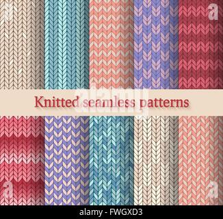 knitted seamless patterns set - vector illustration Stock Vector