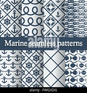 Blue marine seamless patterns set - vector illustration Stock Vector