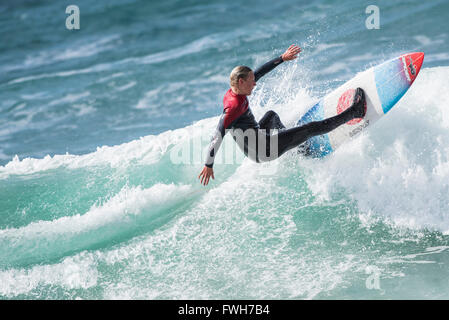 Noah Anstis, aged 16, surfing at Fistral Beach in Newquay, Cornwall ...