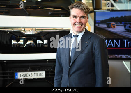 Joachim Drees, member of the supervisory board at MAN SE, poses in front of one of the company's lorries in Munich, Germany, 04 April 2016. Photo: PETER KNEFFEL/dpa Stock Photo