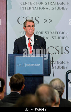 United StatesWashington DC, USA. 5th April, 2016. Secretary of Defense Ash Carter speaks at Center for Strategic & International Studies (CSIS) on preparing the Defense Department for the Future. Credit:  B Christopher/Alamy Live News Stock Photo