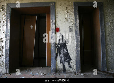 A picture taken on April 23, 2013 shows the graffiti on the wall of the abandoned house in the ghost town Prypyat where workers of the Chornobyl nuclear plant lived. Following the explosion at the fourth power unit Chornobyl Nuclear Power Station in 1986 people had to leave their homes so to never return back. Evacuation of the population lasted 3 hours on April 27th, 1986. The city remains a ghost town near the Chernobyl Nuclear Power Plant and is still empty. 23rd Apr, 2013. © Anatolii Stepanov/ZUMA Wire/Alamy Live News Stock Photo