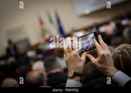 Rome, Italy. 05th Apr, 2016. The first copy of the translation in Italian of the Rosh Hashanah Treaty, the first volume of the Talmud, the fundamental text of Jewish tradition, was delivered to the President of the Republic Sergio Mattarella, at a presentation ceremony held at the Auditorium of Villa Farnesina, hosted by Accademia dei Lincei. © Andrea Ronchini/Pacific Press/Alamy Live News Stock Photo