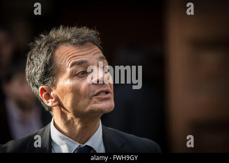 Rome, Italy. 05th Apr, 2016. Stefano Fassina during the presentation of the first volume of the Talmud translated into Italian. The first copy of the translation in Italian of the Rosh Hashanah Treaty, the first volume of the Talmud, the fundamental text of Jewish tradition, was delivered to the President of the Republic Sergio Mattarella, at a presentation ceremony held at the Auditorium of Villa Farnesina, hosted by Accademia dei Lincei. © Andrea Ronchini/Pacific Press/Alamy Live News Stock Photo