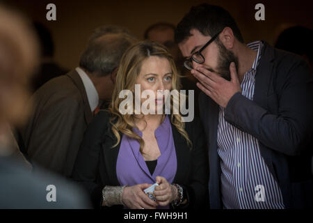 Rome, Italy. 05th Apr, 2016. Giorgia Meloni during the presentation of the first volume of the Talmud translated into Italian. The first copy of the translation in Italian of the Rosh Hashanah Treaty, the first volume of the Talmud, the fundamental text of Jewish tradition, was delivered to the President of the Republic Sergio Mattarella, at a presentation ceremony held at the Auditorium of Villa Farnesina, hosted by Accademia dei Lincei. © Andrea Ronchini/Pacific Press/Alamy Live News Stock Photo