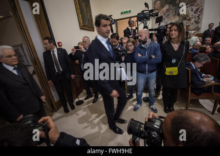 Rome, Italy. 05th Apr, 2016. Arrival of the President of the Republic Sergio Mattarella during the presentation of the first volume of the Talmud translated into Italian. The first copy of the translation in Italian of the Rosh Hashanah Treaty, the first volume of the Talmud, the fundamental text of Jewish tradition, was delivered to the President of the Republic Sergio Mattarella, at a presentation ceremony held at the Auditorium of Villa Farnesina, hosted by Accademia dei Lincei. © Andrea Ronchini/Pacific Press/Alamy Live News Stock Photo