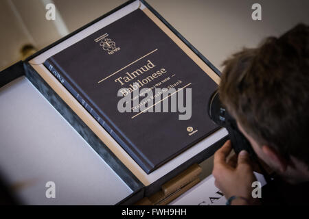 Rome, Italy. 05th Apr, 2016. Presentation of the first volume of the Talmud translated into Italian. The first copy of the translation in Italian of the Rosh Hashanah Treaty, the first volume of the Talmud, the fundamental text of Jewish tradition, was delivered to the President of the Republic Sergio Mattarella, at a presentation ceremony held at the Auditorium of Villa Farnesina, hosted by Accademia dei Lincei. © Andrea Ronchini/Pacific Press/Alamy Live News Stock Photo