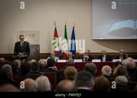 Rome, Italy. 05th Apr, 2016. The first copy of the translation in Italian of the Rosh Hashanah Treaty, the first volume of the Talmud, the fundamental text of Jewish tradition, was delivered to the President of the Republic Sergio Mattarella, at a presentation ceremony held at the Auditorium of Villa Farnesina, hosted by Accademia dei Lincei. © Andrea Ronchini/Pacific Press/Alamy Live News Stock Photo
