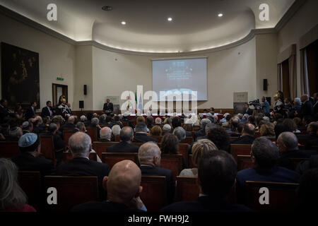 Rome, Italy. 05th Apr, 2016. The first copy of the translation in Italian of the Rosh Hashanah Treaty, the first volume of the Talmud, the fundamental text of Jewish tradition, was delivered to the President of the Republic Sergio Mattarella, at a presentation ceremony held at the Auditorium of Villa Farnesina, hosted by Accademia dei Lincei. © Andrea Ronchini/Pacific Press/Alamy Live News Stock Photo