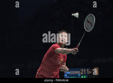 Sydney, Australia. 12th June, 2016. Sun Yu of China competes during women's singles final match against Saina Nehwal of India at Australian Badminton Open 2016 in Sydney, Australia, June 12, 2016. Nehwal won 2-1 and claimed the title of the event. © Hewitt Wang/Xinhua/Alamy Live News Stock Photo