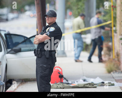 Los Angeles, USA. 12th June, 2016. A police stands guard in Santa Monica, California, the United States, June 12, 2016. Santa Monica police arrested a man armed with a gun and seized a car with explosives here on Sunday morning hours before a gay pride parade in West Hollywood. Credit:  Yang Lei/Xinhua/Alamy Live News Stock Photo