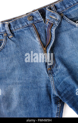 Denim jeans with open fly. Stock Photo