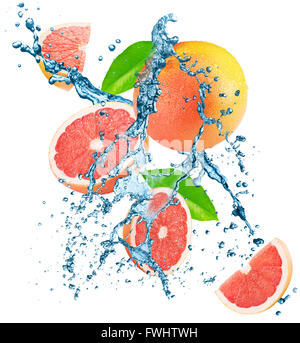 water splash with grapefruits on the white background. Stock Photo