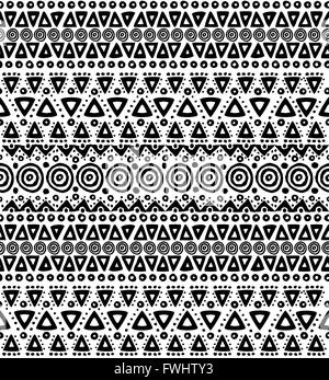 Boho seamless pattern in black and white colors with tribal stripes and handmade geometric shapes. EPS10 vector. Stock Vector