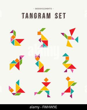 Colorful set of tangram game icons made with geometry shapes in abstract style, includes animals and people. EPS10 vector. Stock Vector