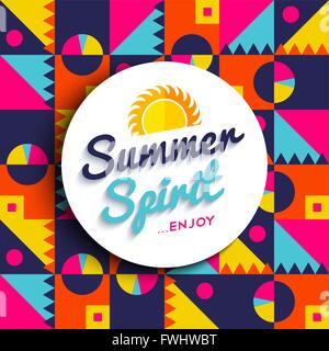 Summer spirit quote poster, enjoy your summertime vacations text with sun decoration on colorful geometric background. EPS10 vec Stock Vector
