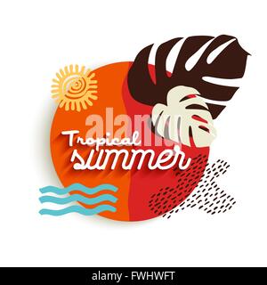 Tropical summer text design illustration, summertime vacation on the beach with plant leaf silhouettes and trendy elements. EPS1 Stock Vector