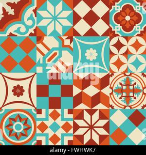 Traditional ceramic mosaic tile seamless pattern illustration mixed with modern vibrant colors and shapes in patchwork style. Stock Vector