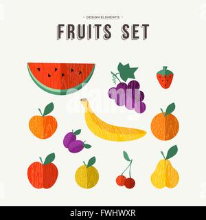 Set of different fruit icons with trendy wood texture in flat style, apple orange and more ideal for healthy eating concept Stock Vector