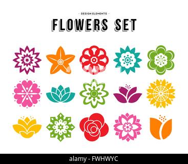 Colorful set of different flowers in modern flat art illustration style, floral nature icons lotus, lily, rose, and more. EPS10 Stock Vector